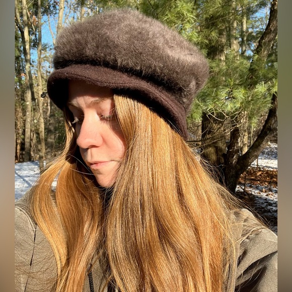 Y2K Angora Rabbit Fur Knit Hat + Genuine Fur Accent Brown - Picture 5 of 16